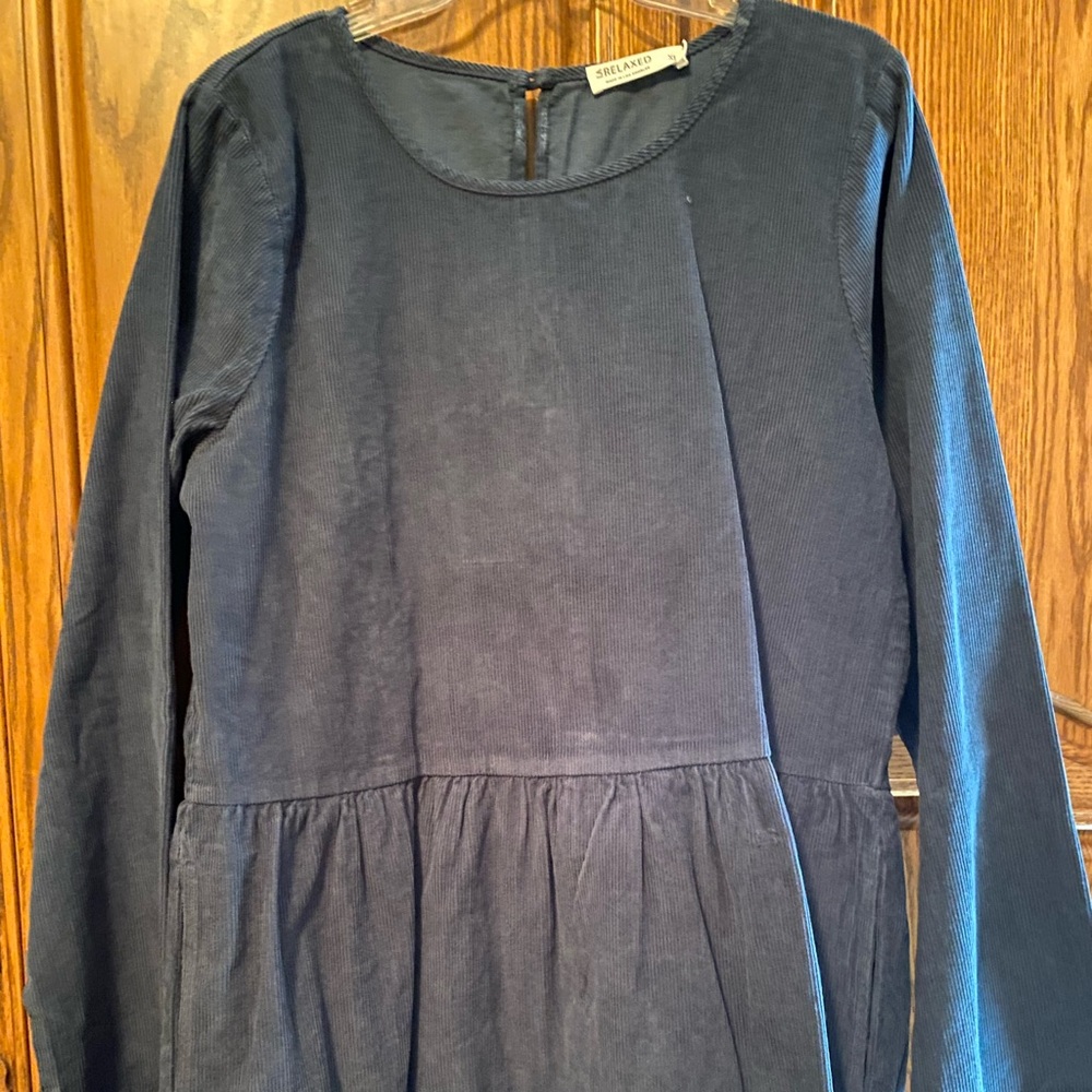 Navy Blue Long Sleeve Corduroy Dress, XL